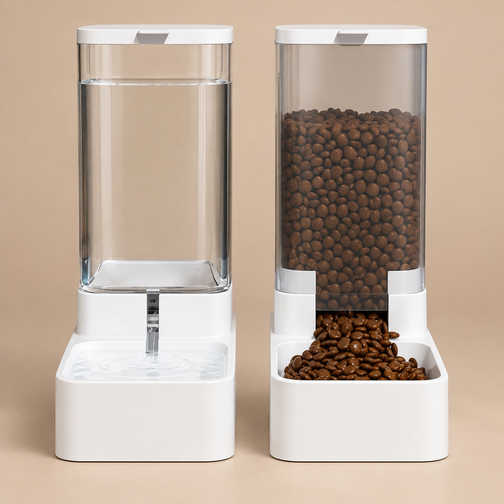 Pet water fountain and food bowl set side by side on a beige background