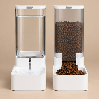 Pet water fountain and food bowl set side by side on a beige background