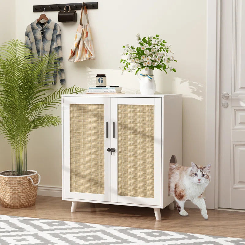Modern Cat Litter Box Enclosure with Lock and Sisal Door