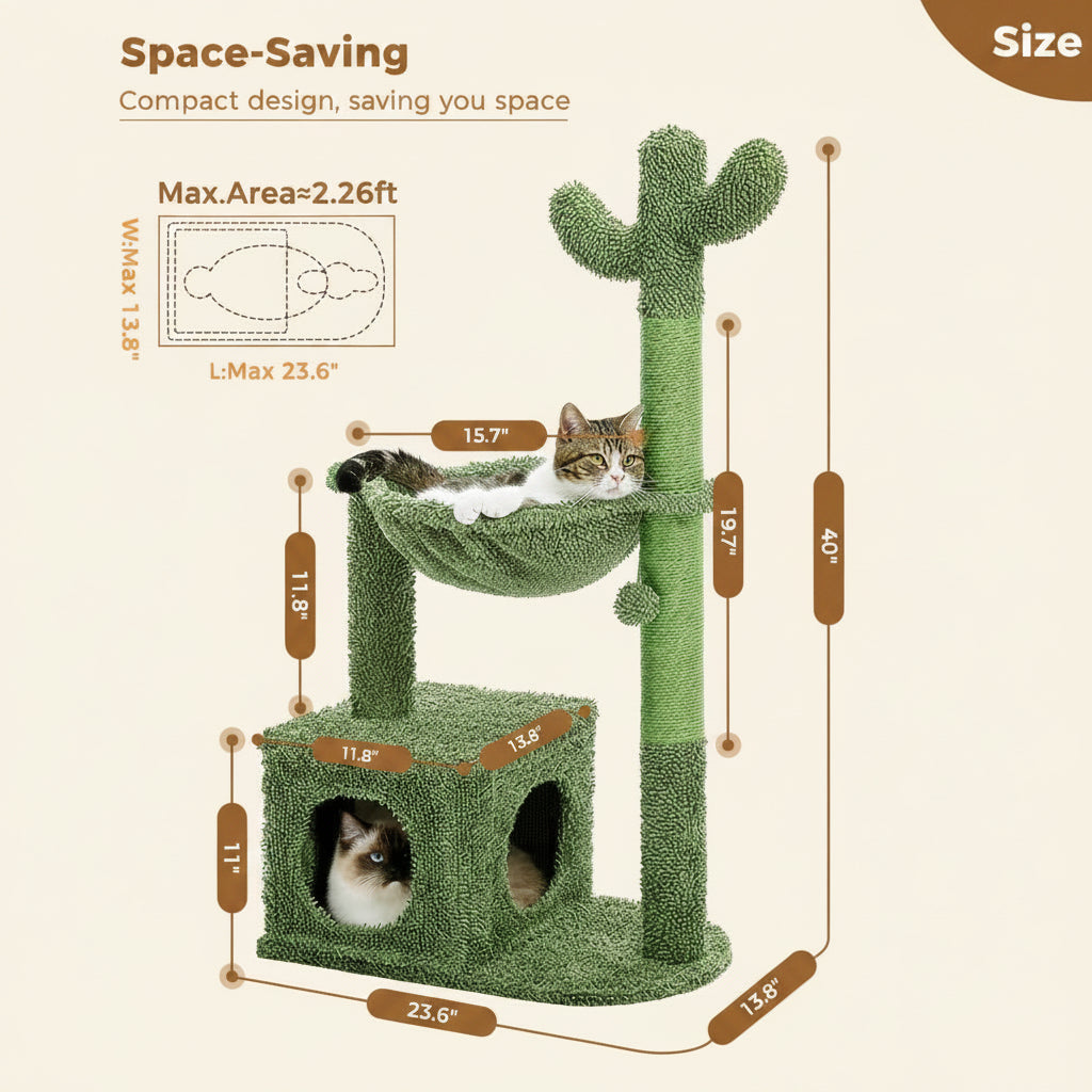 Green cat tree with measurements and a cat on top, labeled 'Space-Saving' and 'Compact design'.