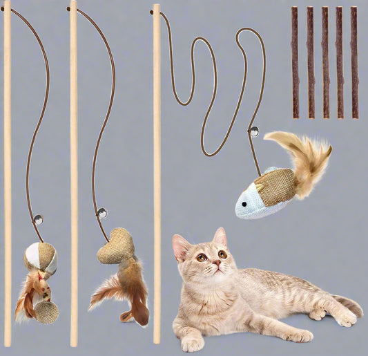 Natural Wood Cat Teaser Wand Toy, 3Pcs 16 Inch, Catnip Sticks for Teeth Cleaning, Indoor Cat Exerciser