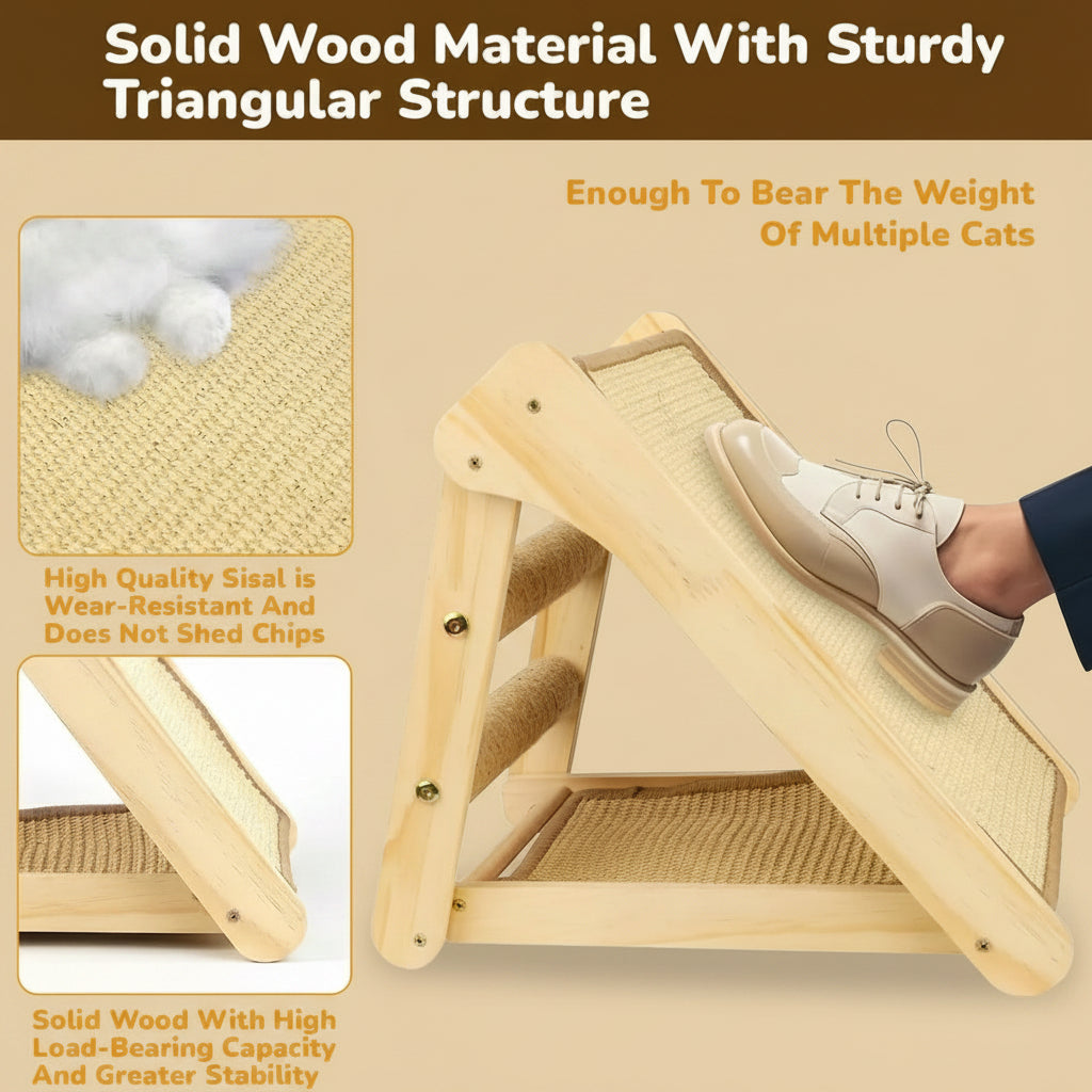 Wooden cat scratcher with a person's foot for scale, highlighting its sturdy design.