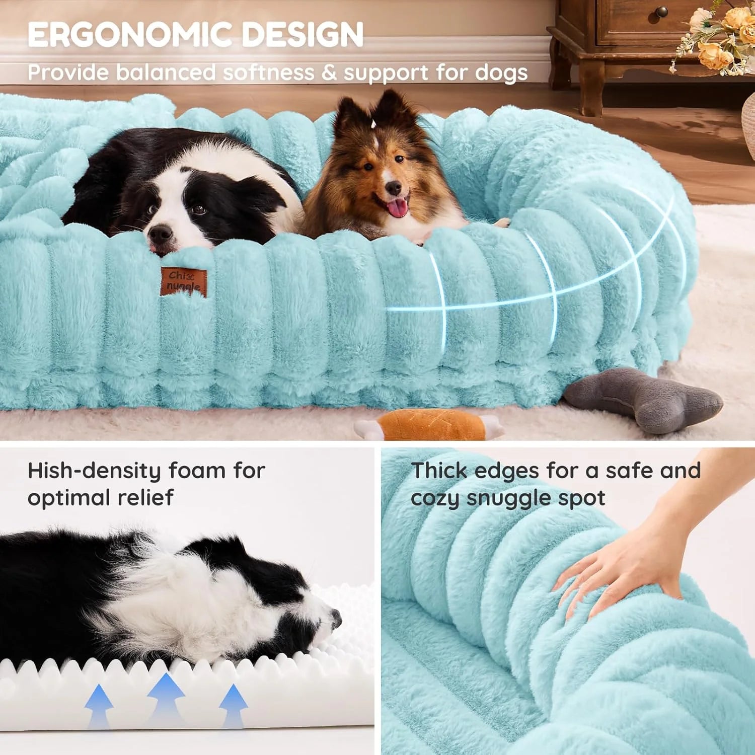 Two dogs lying on a plush teal pet bed with ergonomic design features highlighted.