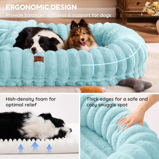Two dogs lying on a plush teal pet bed with ergonomic design features highlighted.