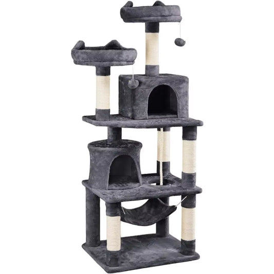 62"H Plush Cat Tower with Condo & Hammock, Dark Gray