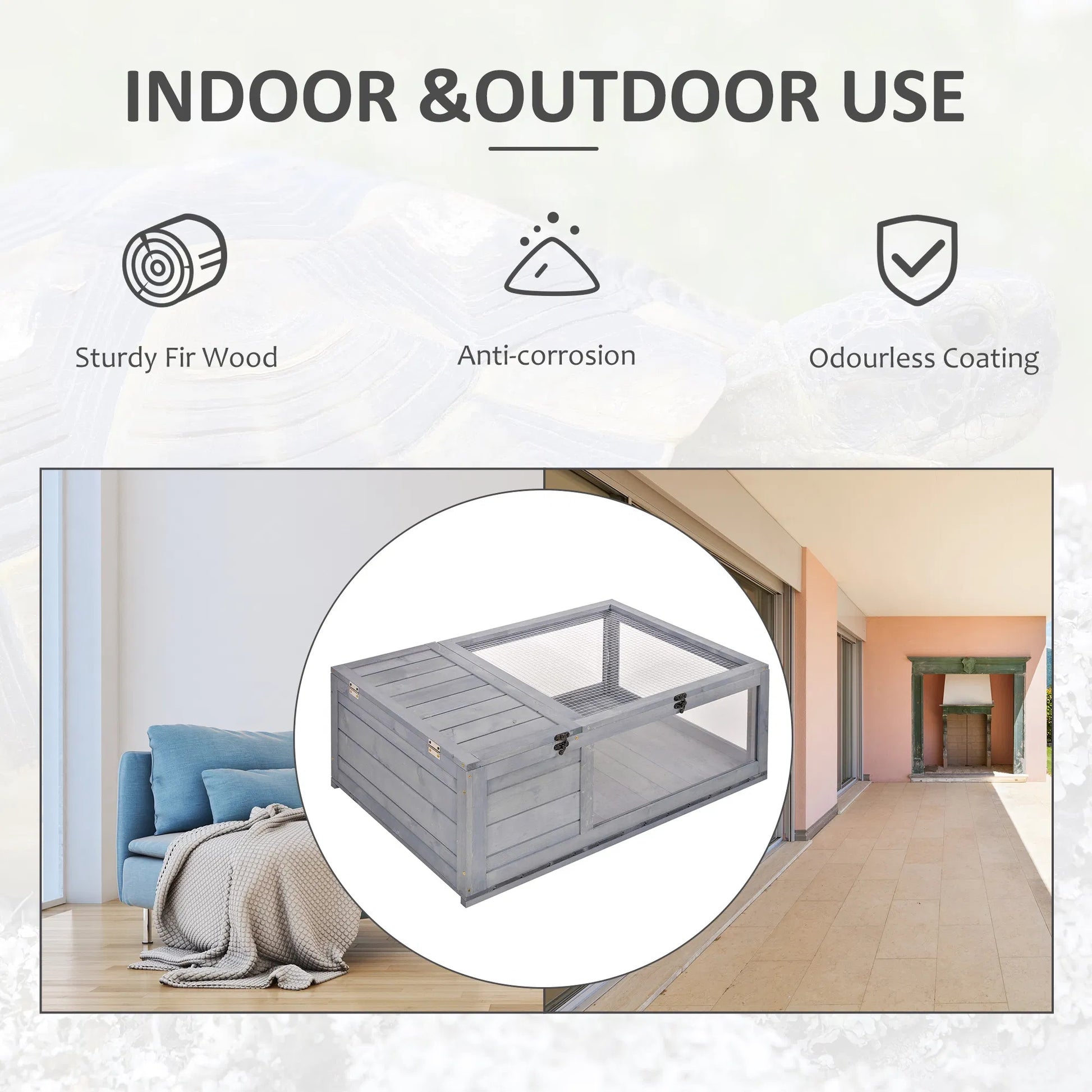 Wooden storage box with features listed above it, including indoor and outdoor use, sturdiness, anti-corrosion, and odorless coating.