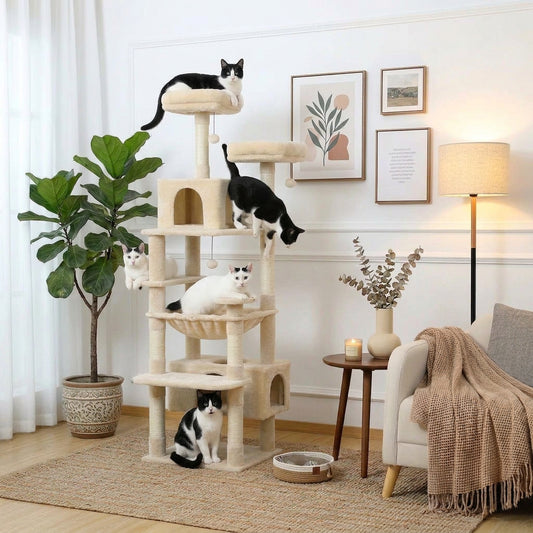 Multi-level cat activity tree with cats on various platforms in a living room setting.