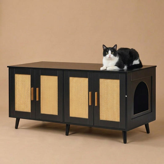 A black cat condo cabinet with woven cane doors, shown on a white background with an black and white cat lying on top.