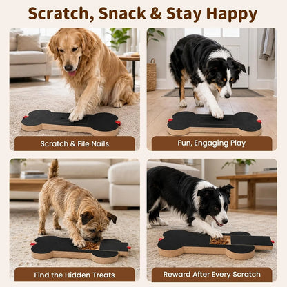 A four-panel promotional graphic showing dogs interacting with a bone-shaped scratching toy in different living room settings. The top text reads 'Scratch, Snack & Stay Happy.