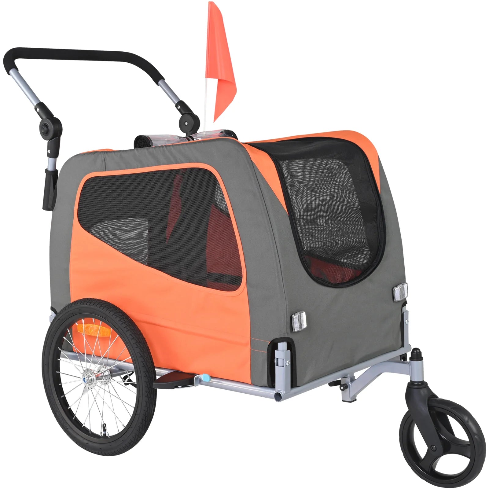 Dog Bike Trailer, Supports up to 66 Lbs, 2-In-1 Pet Stroller Cart Bicycle Carrier, Easy Folding Cart Frame with Quick Release Wheels, Universal Bicycle Coupler, Reflectors, Flag, Orange/Gray