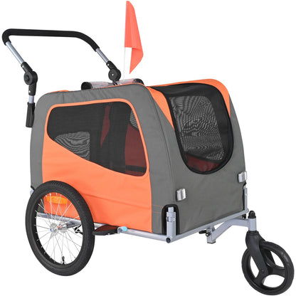 Dog Bike Trailer, Supports up to 66 Lbs, 2-In-1 Pet Stroller Cart Bicycle Carrier, Easy Folding Cart Frame with Quick Release Wheels, Universal Bicycle Coupler, Reflectors, Flag, Orange/Gray