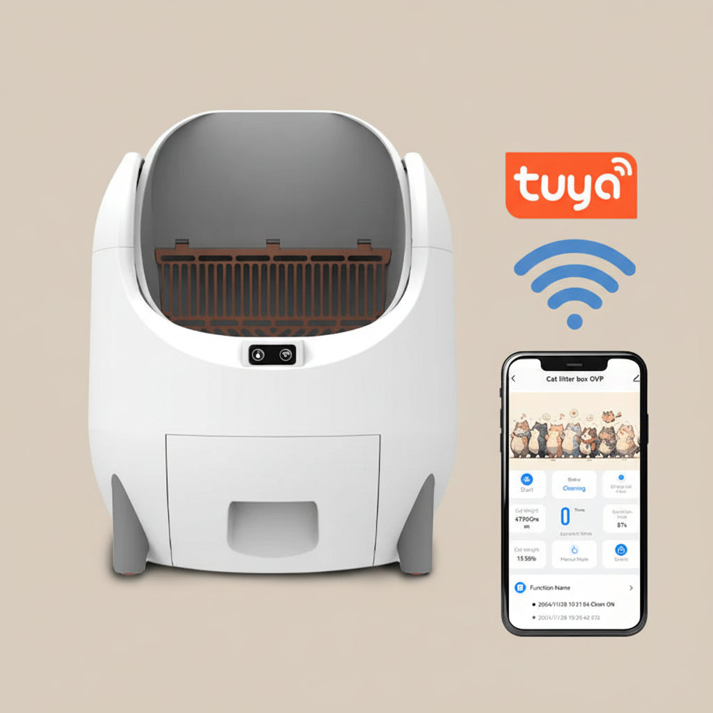 Smart pet litter box with Tuya app on a white background