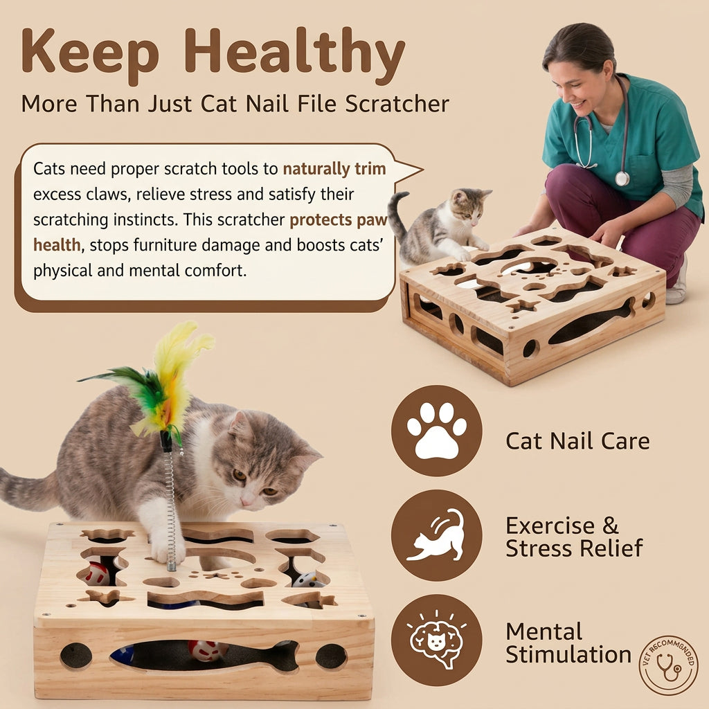 A wooden cat nail file and scratching toy shown with cats and a veterinarian in a lifestyle infographic. The image includes text explaining benefits of proper cat nail care, paw print icons for cat nail care, exercise, and mental stimulation, and a speech bubble detailing the toy's features.