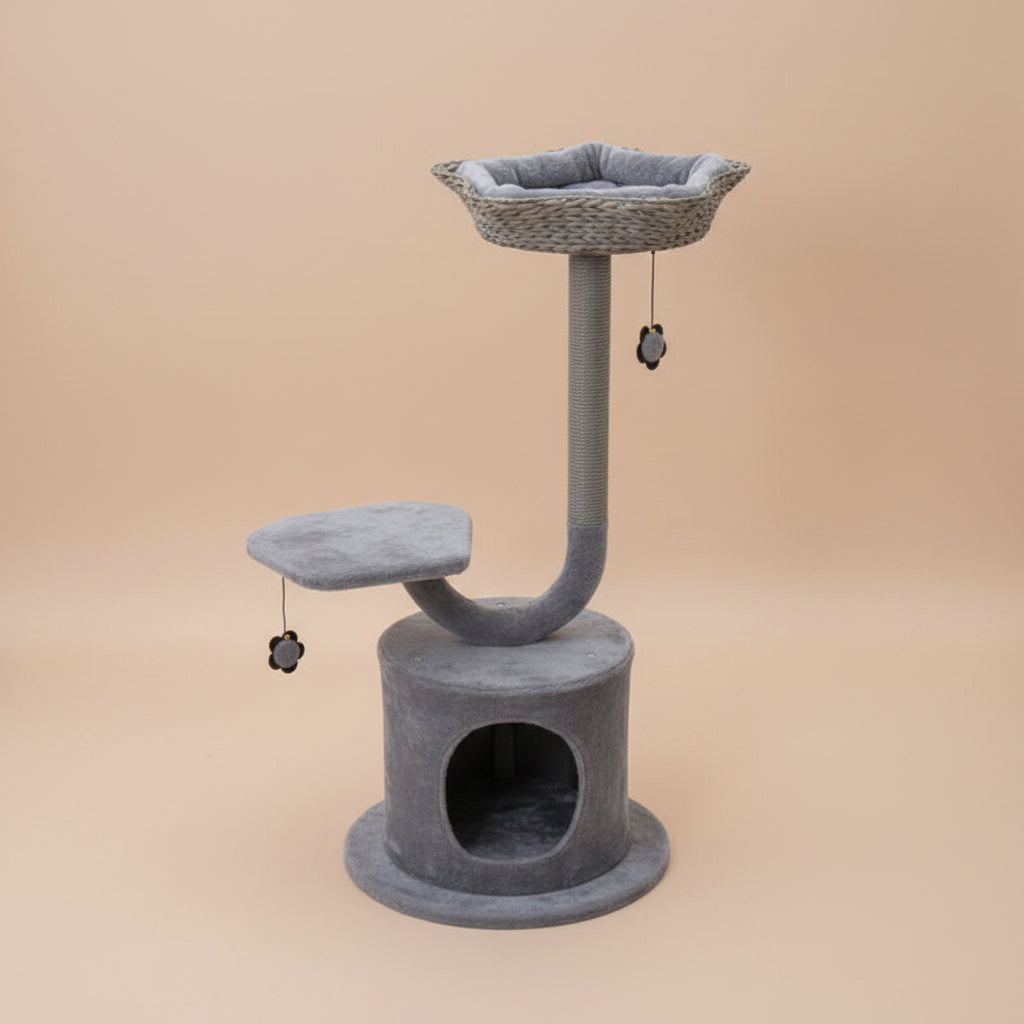 Gray cat tree with beige background.