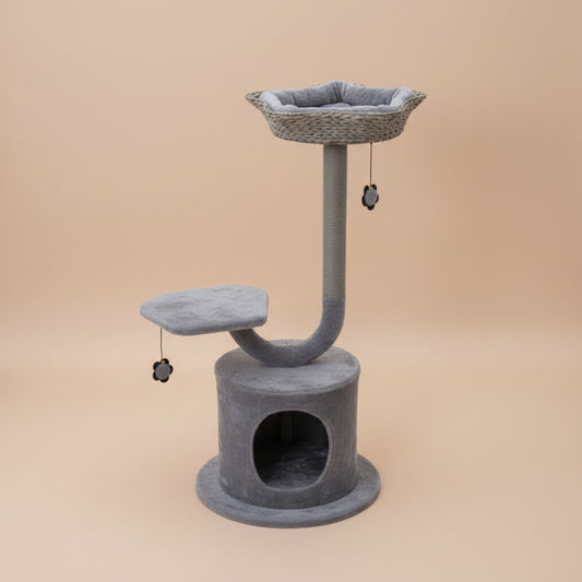 Gray cat tree with beige background.