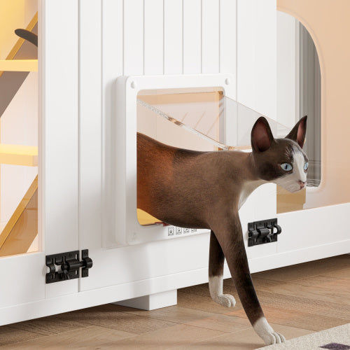 47.25" Large Cat Litter Box Enclosure with LED Light - Hidden Litter Box Furniture, Cat House with Stairs and Cat Scratching Post, Cat Cabinet Side Table with Smart Doors for Living Room, White