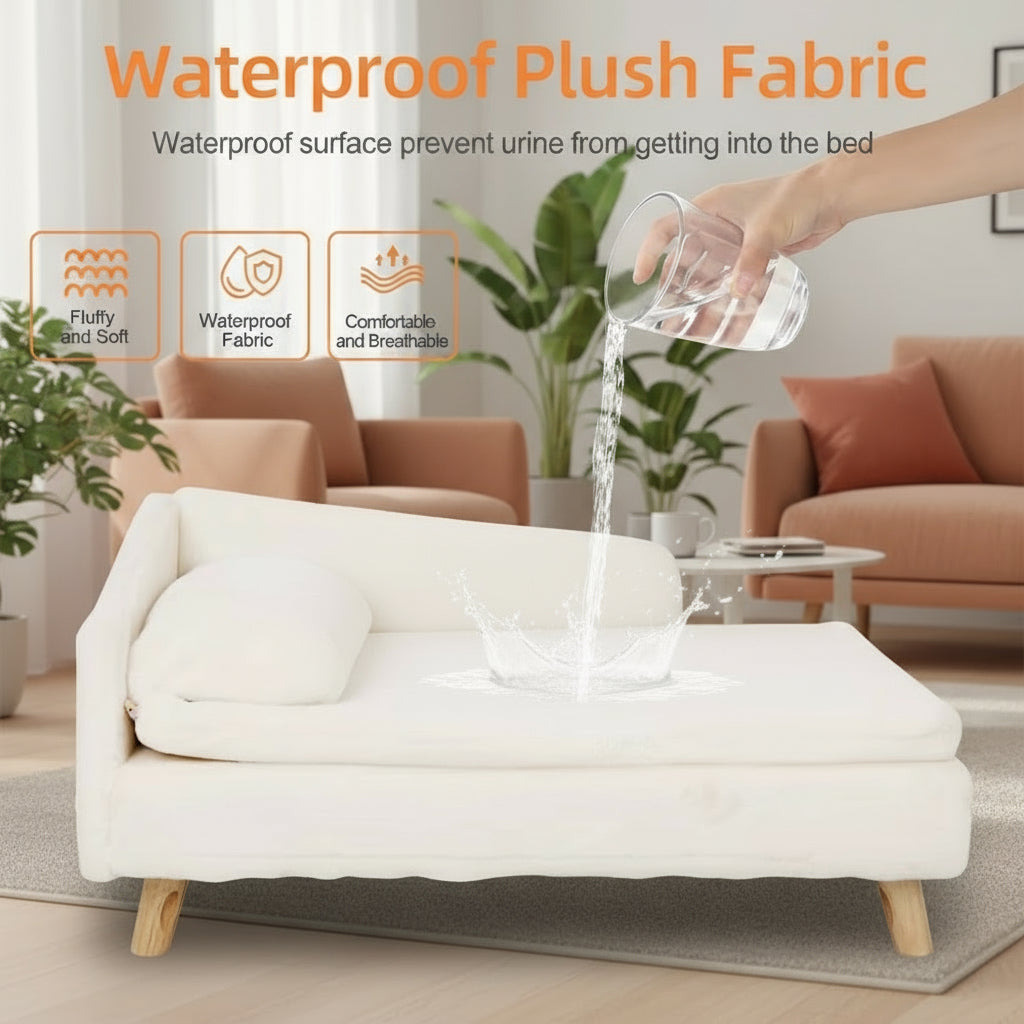 Luxury Elevated Dog Sofa Bed with Backrest Plush Cushion Wooden Legs Raised Dog Bed Lounger Chair for Small Medium Dog Cat Chair