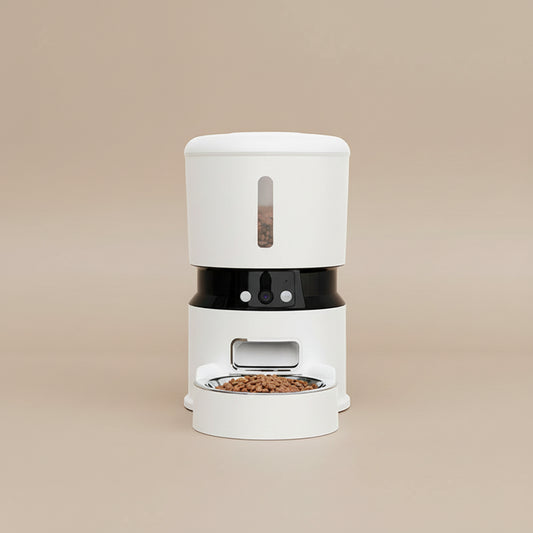 automatic pet feeder with app control on a beige background.