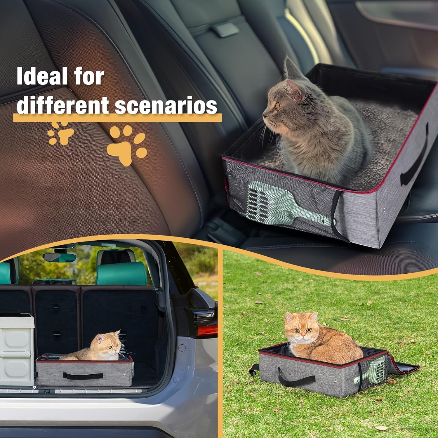 Travel Litter Box for Cats, Waterproof Leak-Proof Foldable Collapsible Kitty Box with Zipped Lid, Mat and Scoop, Easy to Carry Ideal for Hotels Cars