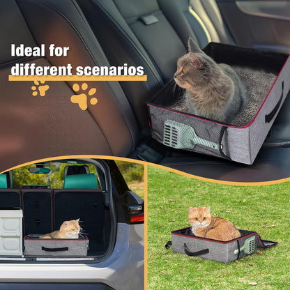 Travel Litter Box for Cats, Waterproof Leak-Proof Foldable Collapsible Kitty Box with Zipped Lid, Mat and Scoop, Easy to Carry Ideal for Hotels Cars