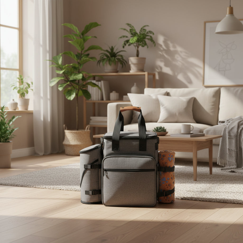 Gray dog supply bag with black straps on the floor in a living room setting.
