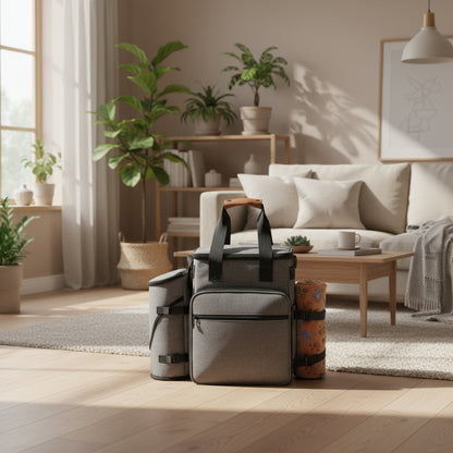 Gray dog supply bag with black straps on the floor in a living room setting.