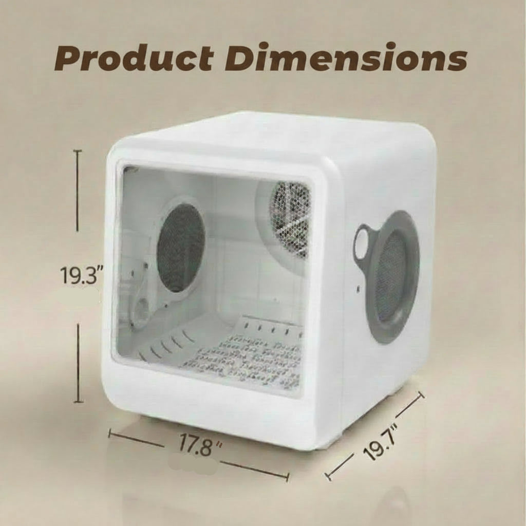 White cube-shaped pet dryer with dimensions on a beige background