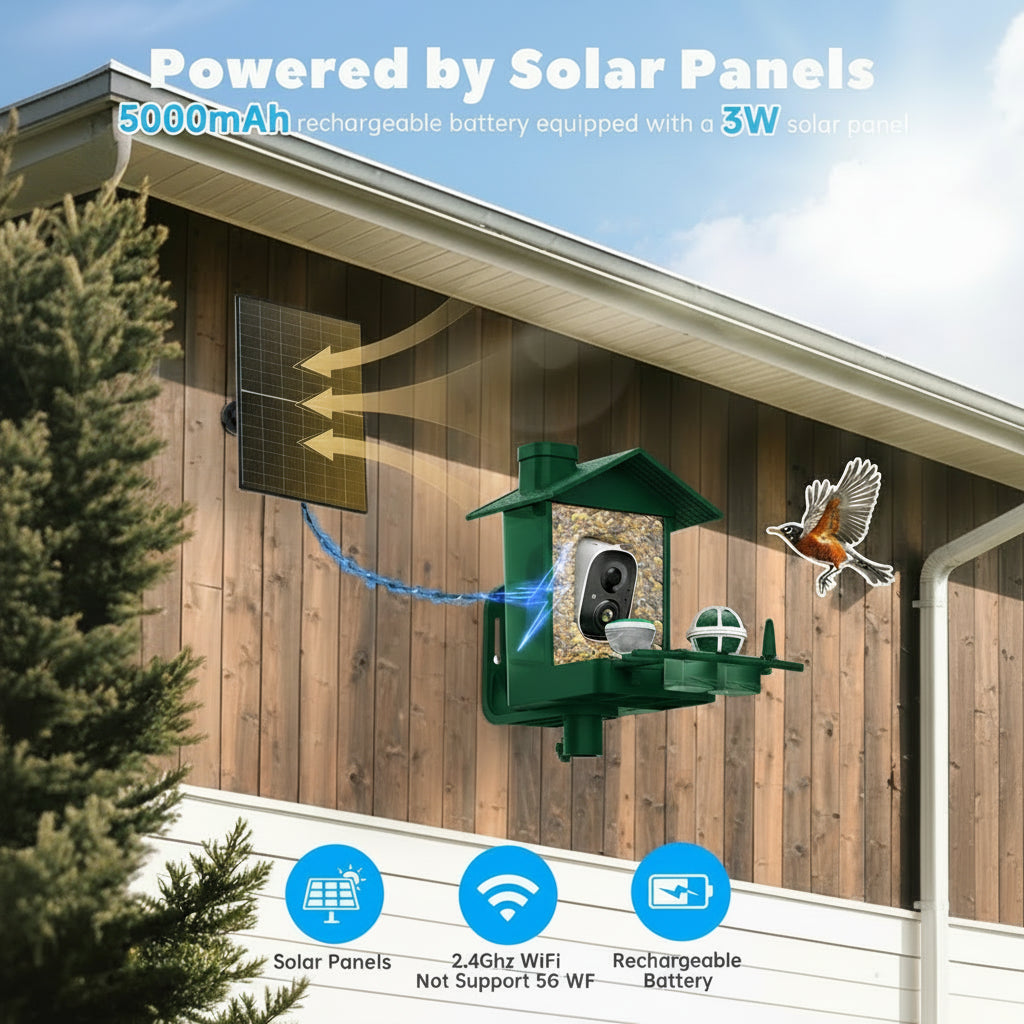 Bird feeder with solar panel and battery display on a wooden house exterior