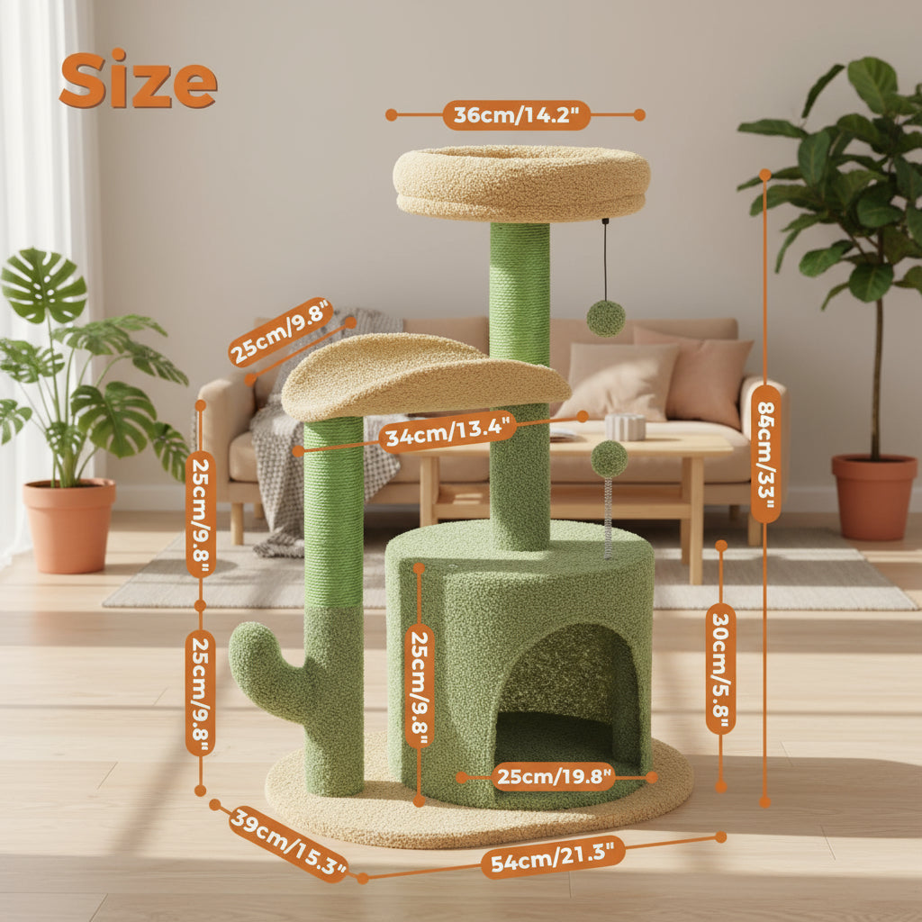 Cactus Cat Tree with Curved Perch Cozy Cat Condo Small Cat Tower with Removable Top Bed Cat Scratching Post for Indoor Cat Toys