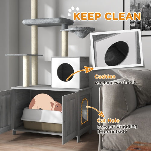 PawHut Cat Tree with Litter Box Enclosure - 2 in 1 Floor to Ceiling Cat Tower Litter Box Furniture with Condo, Bed, Hammock, Scratching Posts, and Platforms for Indoor Use, Gray
