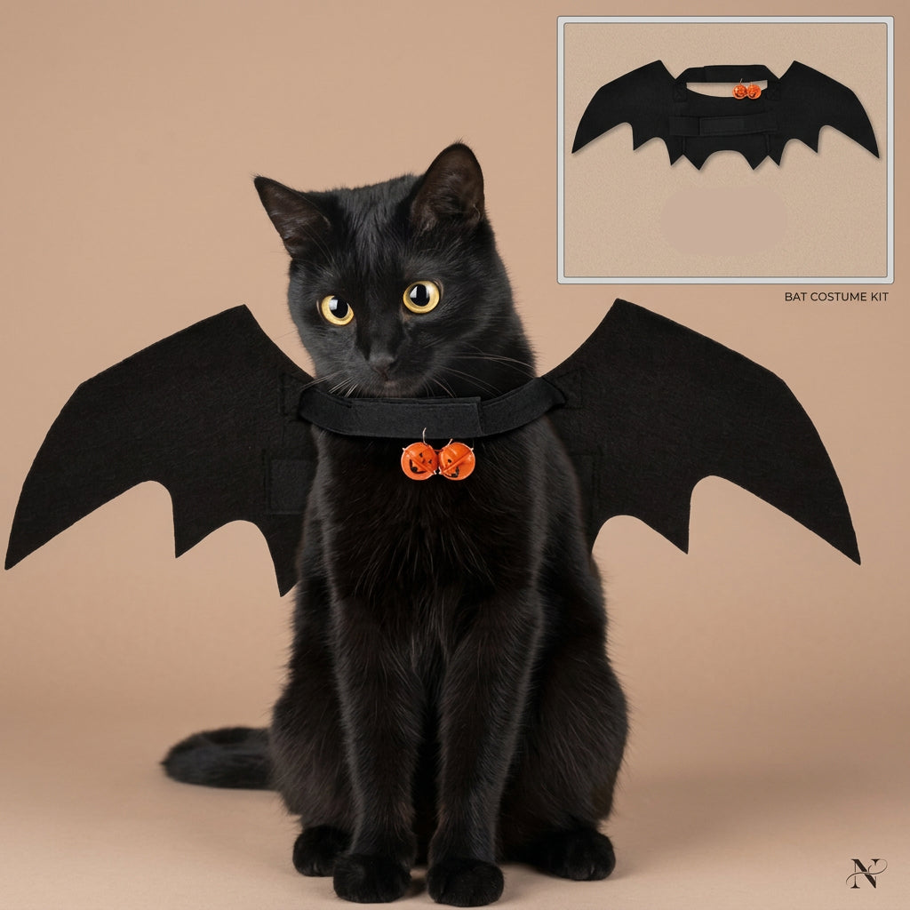 A black cat wearing a bat costume with attached black wings and small orange jack-o'-lantern charms, shown on a white background with a smaller inset of the winged costume alone.