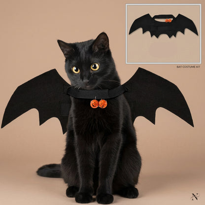 A black cat wearing a bat costume with attached black wings and small orange jack-o'-lantern charms, shown on a white background with a smaller inset of the winged costume alone.