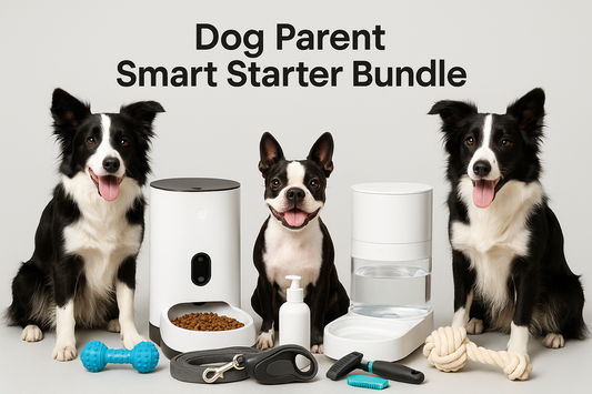 bundle product image black and white dogs and a bundle of dog products, "Dog Parent Smart Starter Bundle" written top center