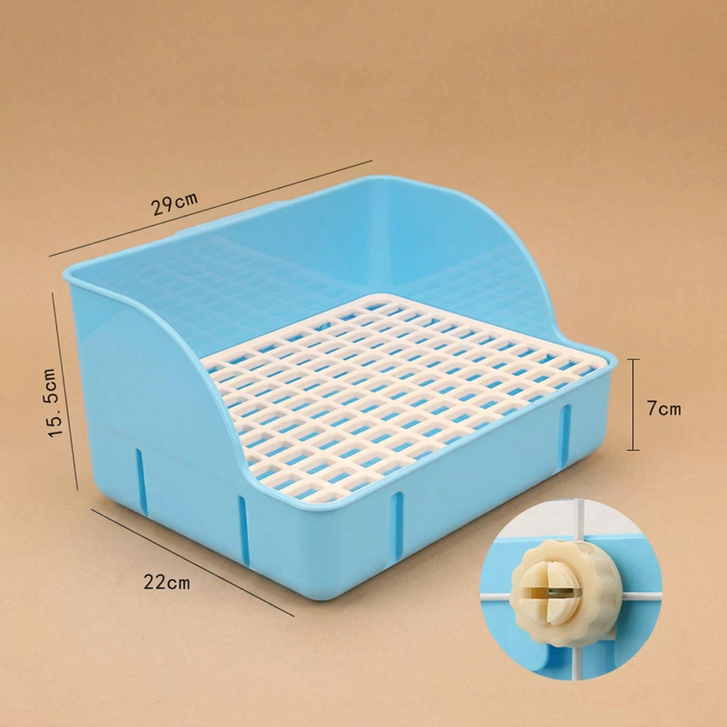 Blue plastic litter box for small pets with measurements on a beige background