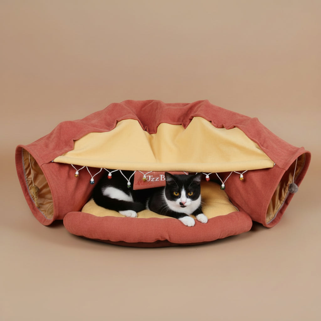 Cat lying inside a red pet bed with a beige interior on a beige background