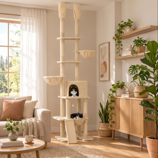 Cat tree with multiple levels and perches in a room with a couch and window.