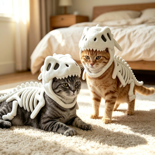 Two cats wearing white dinosaur skeleton costumes in a cozy bedroom setting. One gray tabby cat is lying down, and one orange tabby cat is standing.