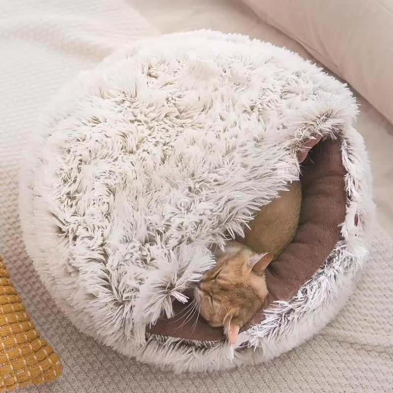 Winter New Long Plush Pet Cat Bed - Round Cat Cushion Donut-Shaped Warm Cat Basket Sleep Bag Nest Kennel For Small Dogs and Cats