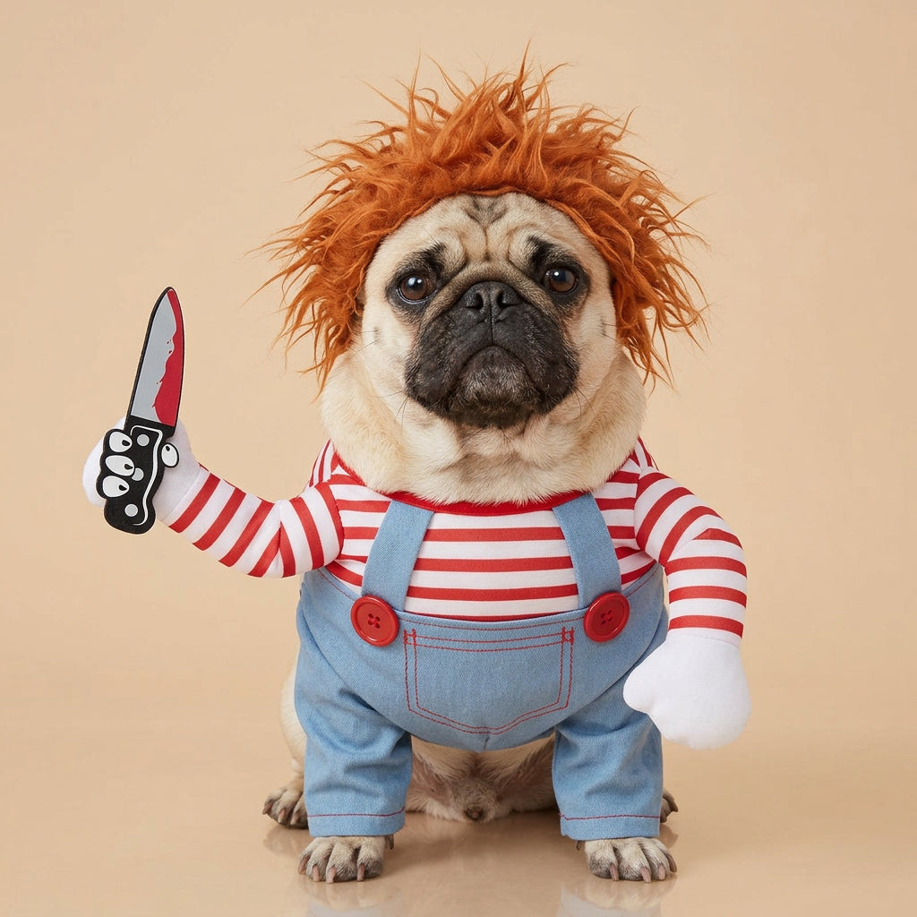 Dog in a costume with red hair, striped shirt, and overalls holding a toy knife on grass.