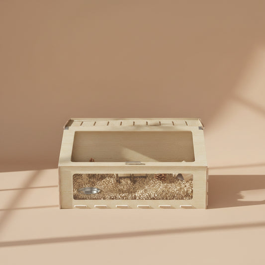 Wooden hamster enclosure with a spacious living space for pets, on a beige background.