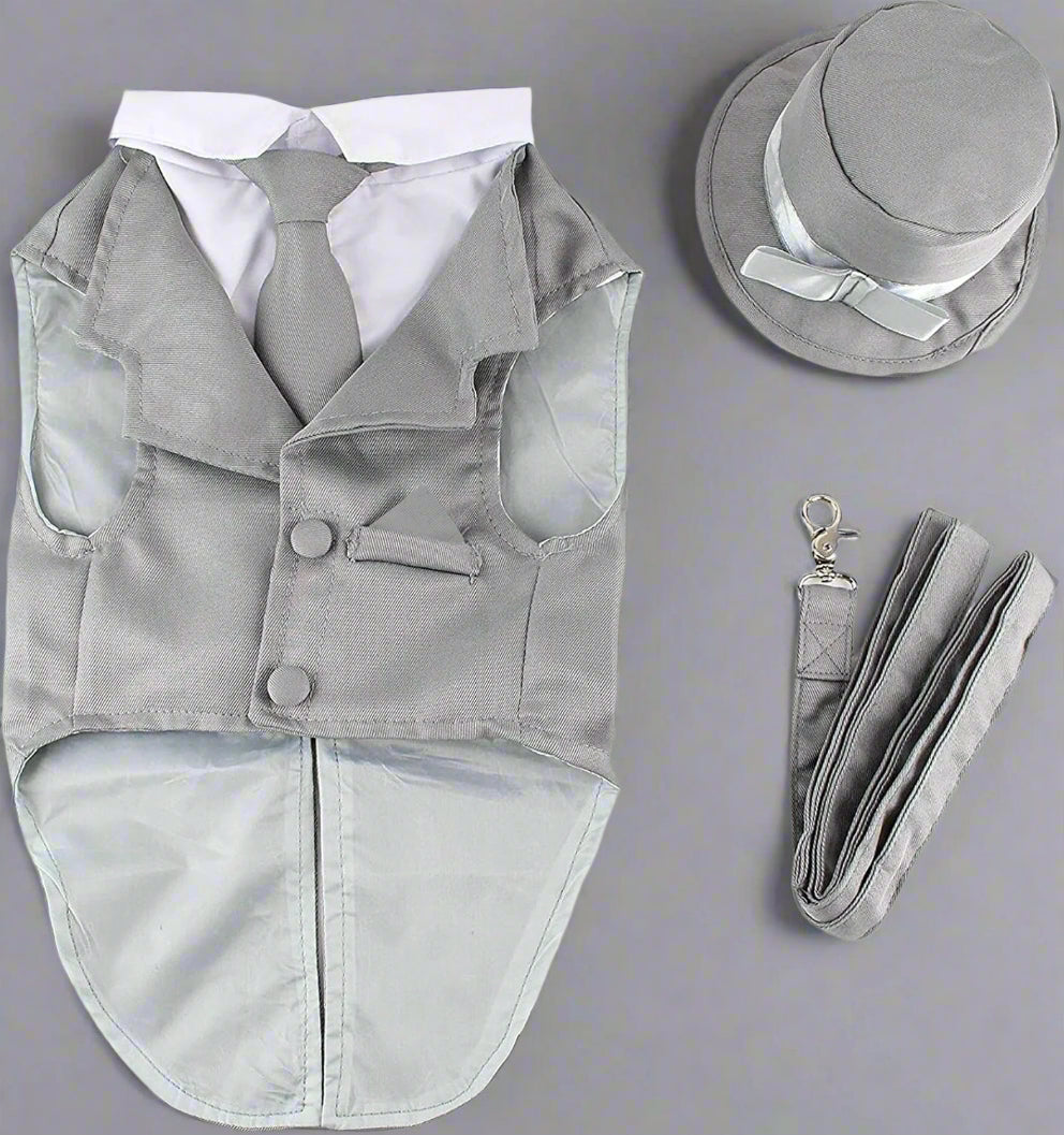 Dog Tuxedo Wedding Suit- Gray Top Hat & Leash (X-Large)