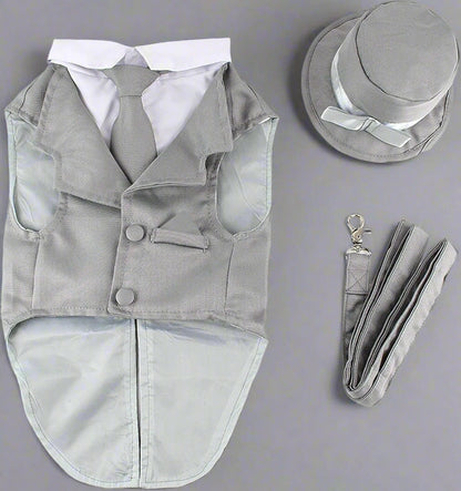 Dog Tuxedo Wedding Suit- Gray Top Hat & Leash (X-Large)
