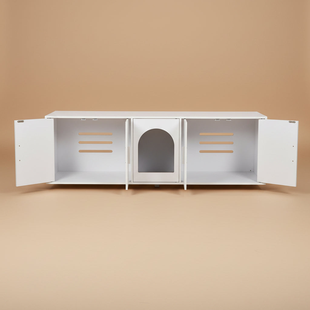 White pet cabinet with open doors on a beige background
