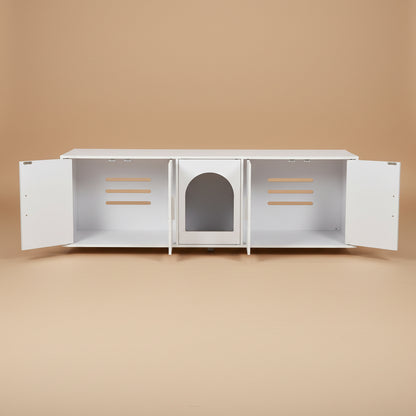 White pet cabinet with open doors on a beige background