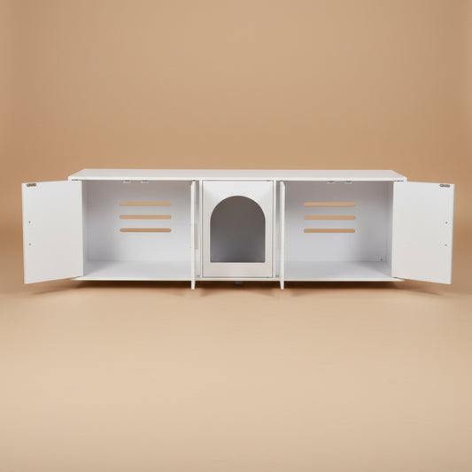 White pet cabinet with open doors on a beige background