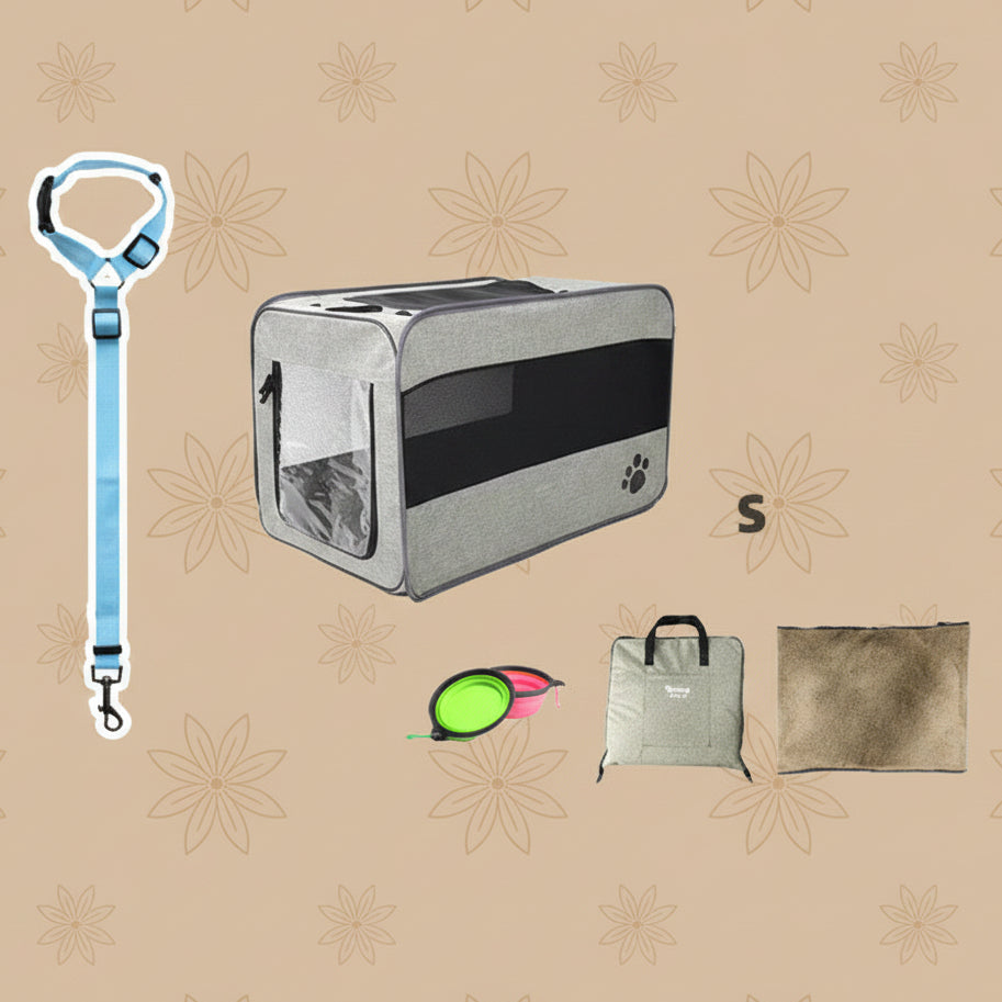 Pet carrier with harness and additional accessories on a beige background