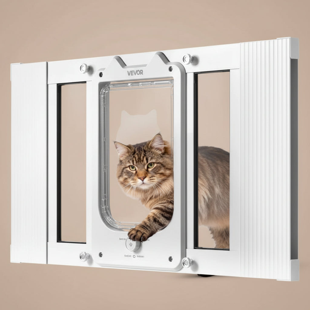 Cat using a pet door on a beige
 background