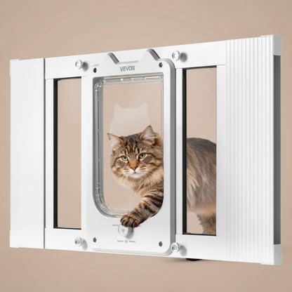 Cat using a pet door on a beige
 background