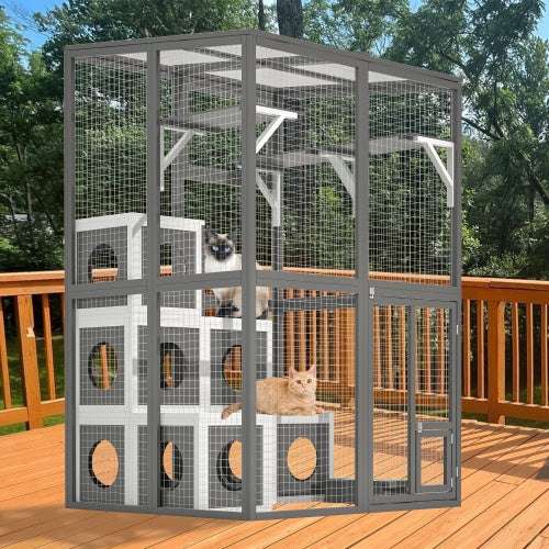 Outdoor Wooden Cat Catio - Large Solid Wood Cat Cage Playpen with 2 Jumping Platforms &amp; 7 Napping Houses, Walk-in Cat Kennel Condo Shelter, Grey