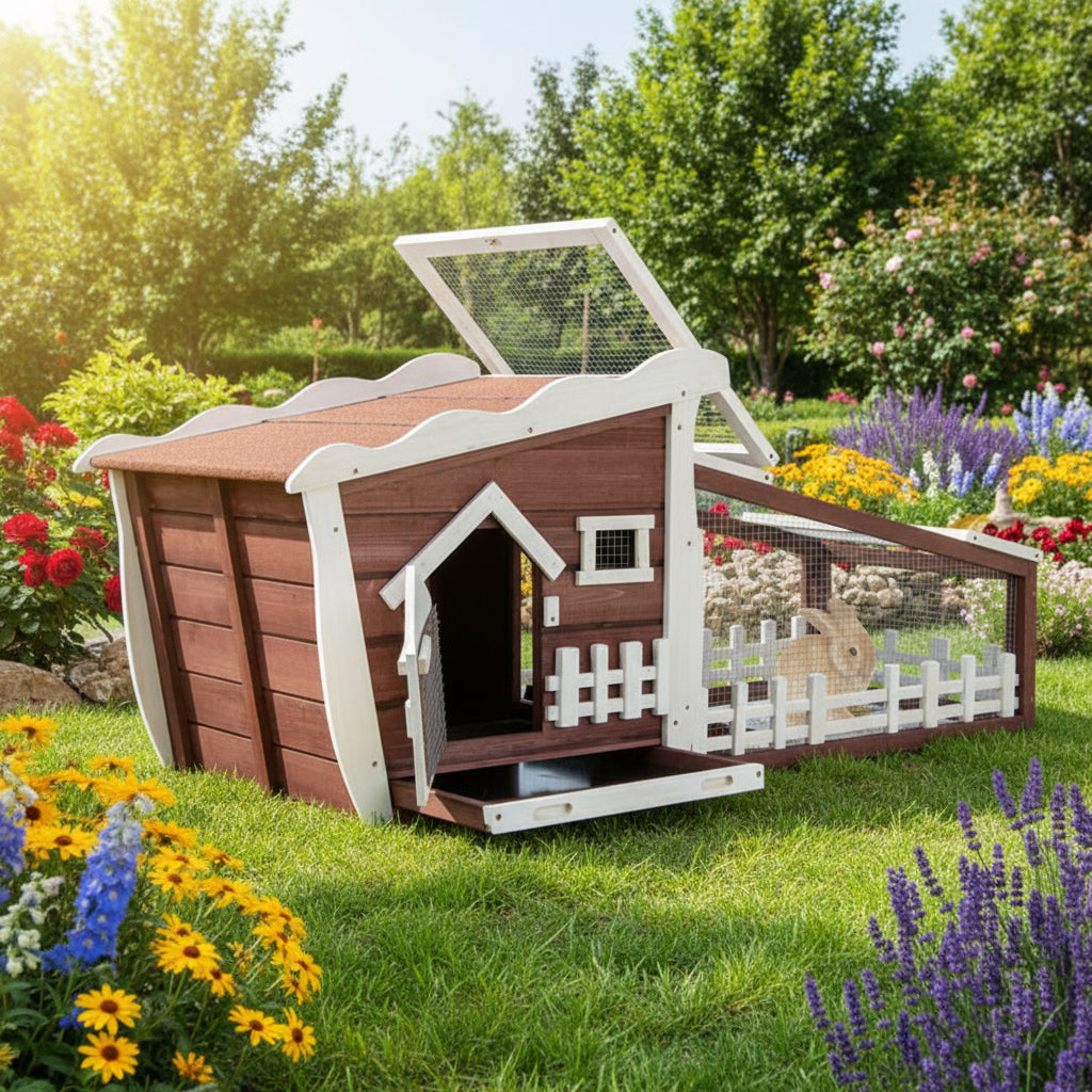 62 Inch Wooden Rabbit Hutch with Pull Out Tray
